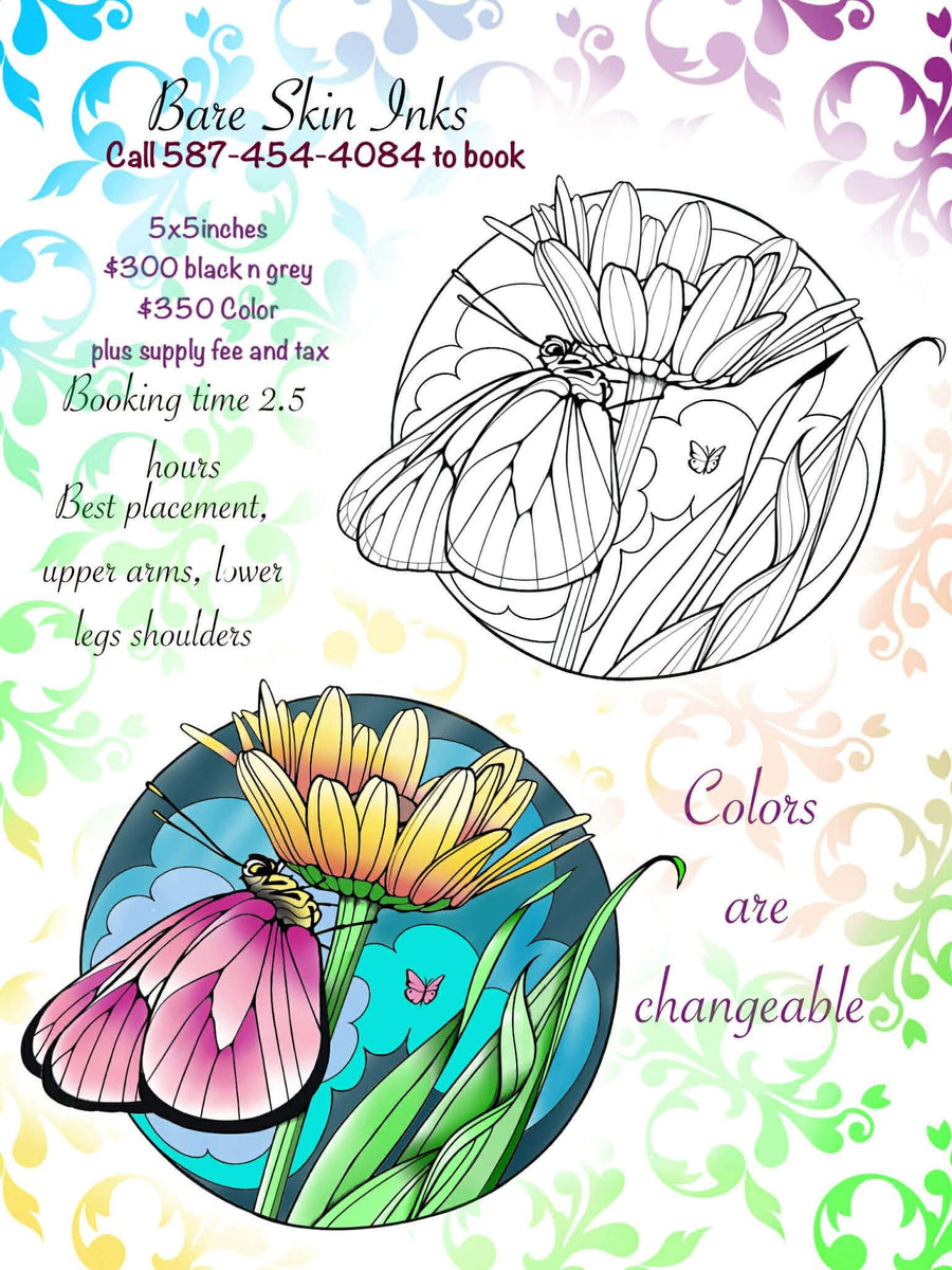 A circular tattoo flash design featuring a large, vibrant pink and purple butterfly resting on a golden yellow flower, with long green leaves and teal blue clouds in the background, shown in both a line-art version and a fully colored version.