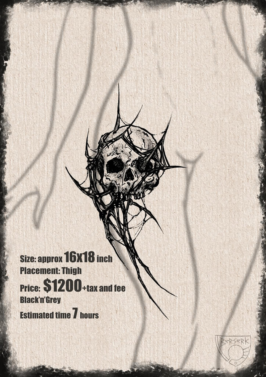 A large-scale dark illustrative tattoo design of a cracked human skull trapped within a nest of sharp, jagged thorns and spiderweb-like organic structures, shown as a mockup for a thigh placement.