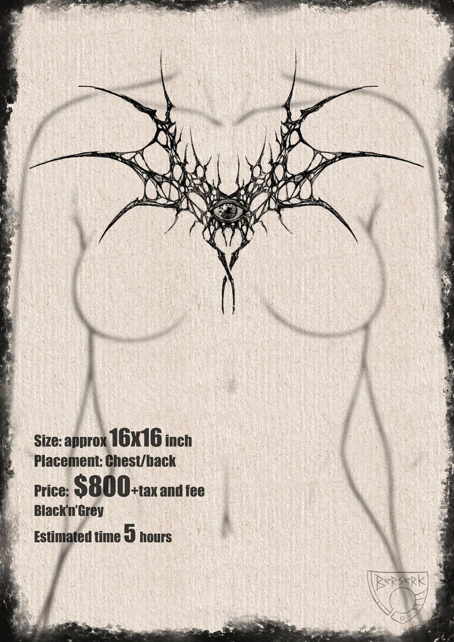 A large-scale, symmetrical dark-art tattoo design featuring a realistic central eye surrounded by sharp, web-like organic filaments and pointed spines, shown as a chest piece mockup extending across the collarbones.