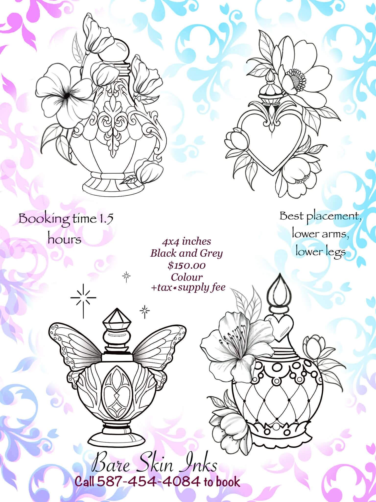 Decorative tattoo design sheet with floral and heart-shaped ink pots on a watercolor background.