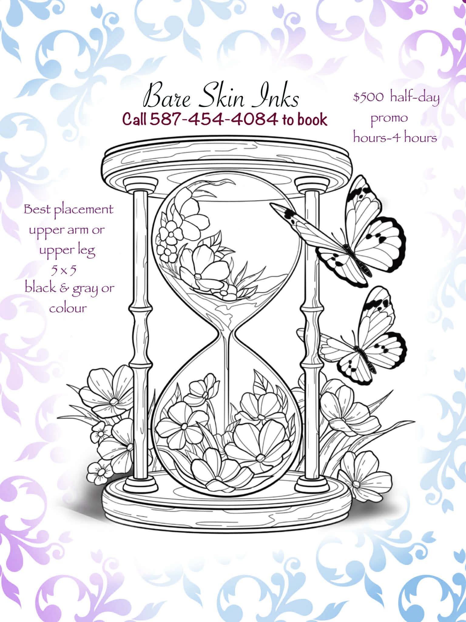 Design of an hourglass with flowers and butterflies on a floral background, featuring contact information for Bare Skin Inks.