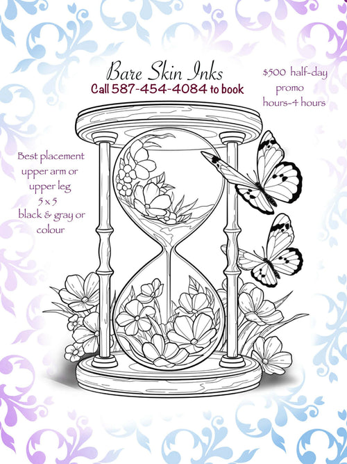 Design of an hourglass with flowers and butterflies on a floral background, featuring contact information for Bare Skin Inks.