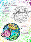 A circular tattoo flash design featuring a large, vibrant pink and purple butterfly resting on a golden yellow flower, with long green leaves and teal blue clouds in the background, shown in both a line-art version and a fully colored version.