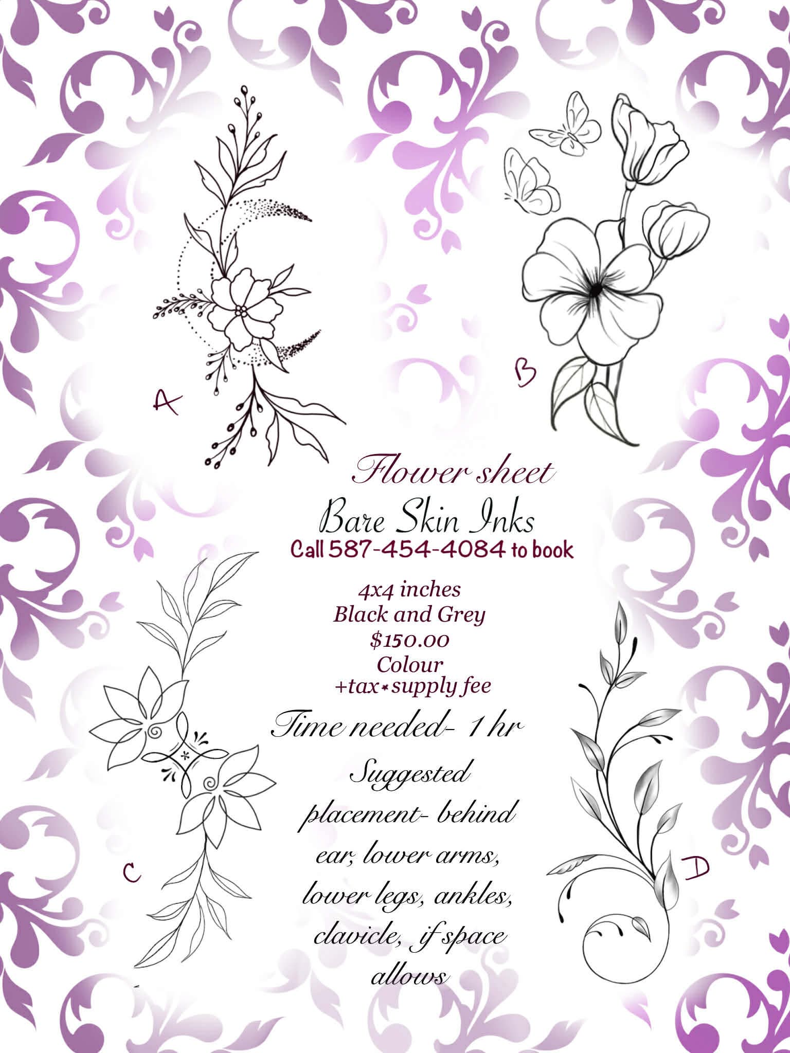 Flower sheet with floral designs and text on a purple and white patterned background