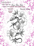 Tattoo design of a snake and flowers with contact information on a pink floral patterned background.