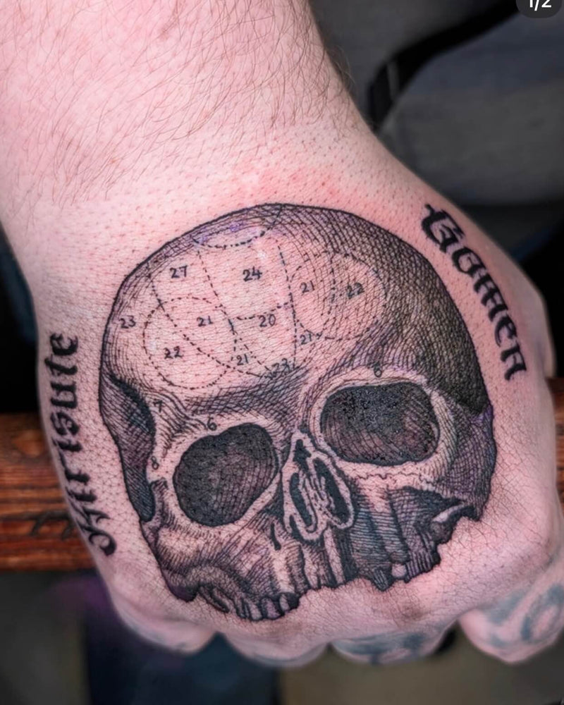 Skull tattoo on a person's wrist with visible text