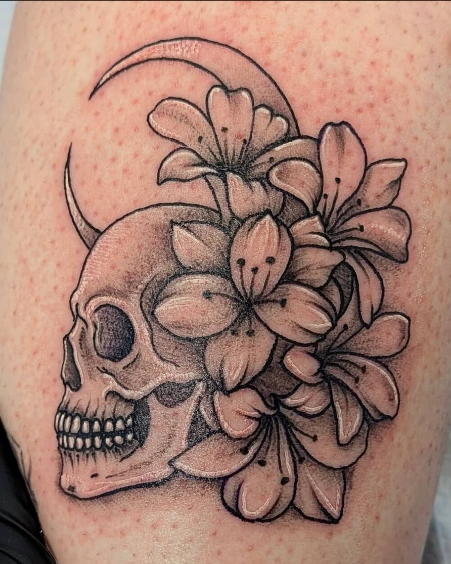 Skull with Flowers and Crescent Moon