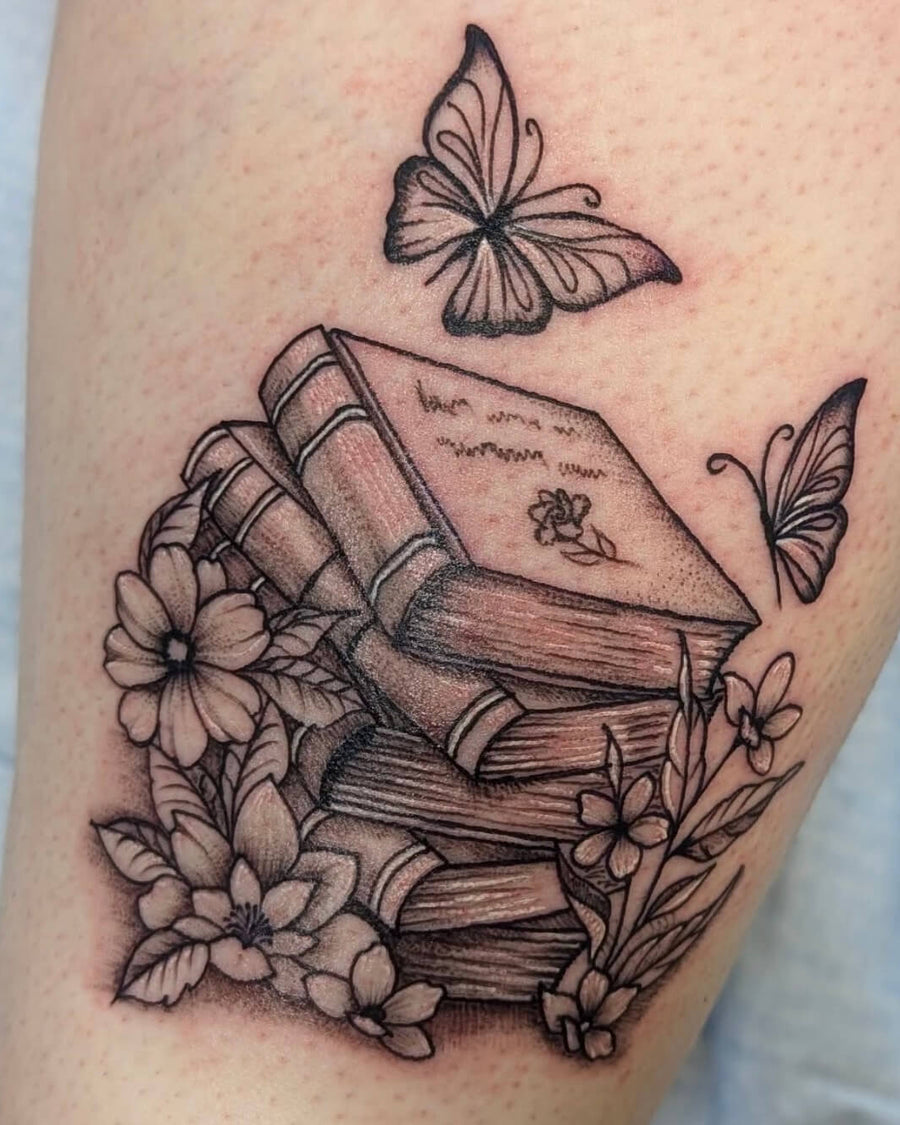 Stacked Books with Butterflies and Flowers