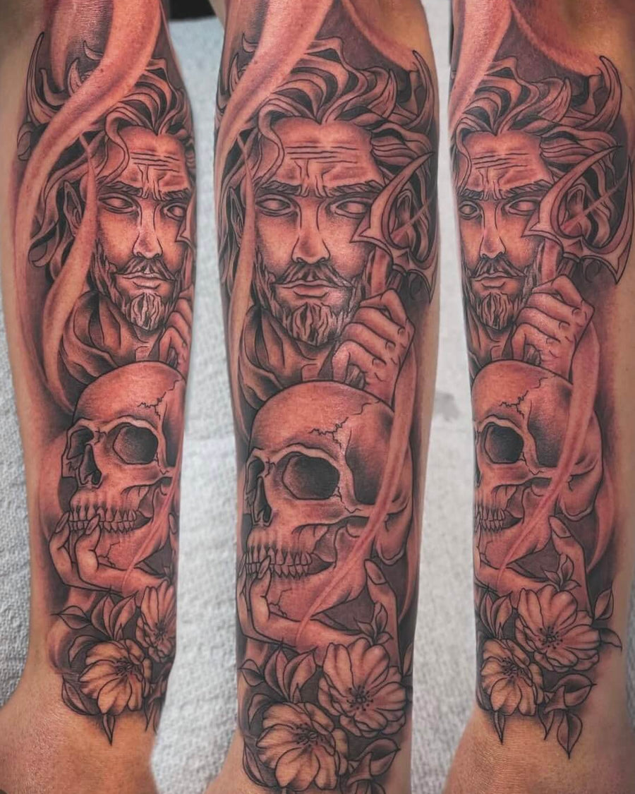 Poseidon and Skull Forearm Sleeve