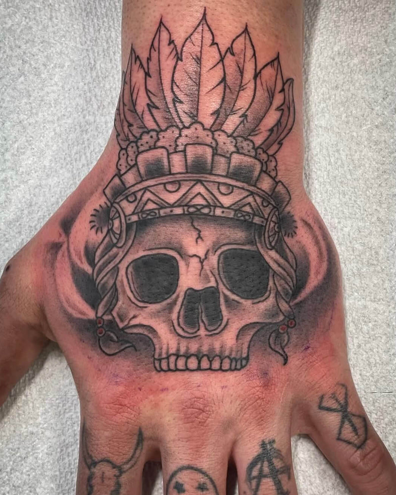 Skull with Headdress Hand Tattoo