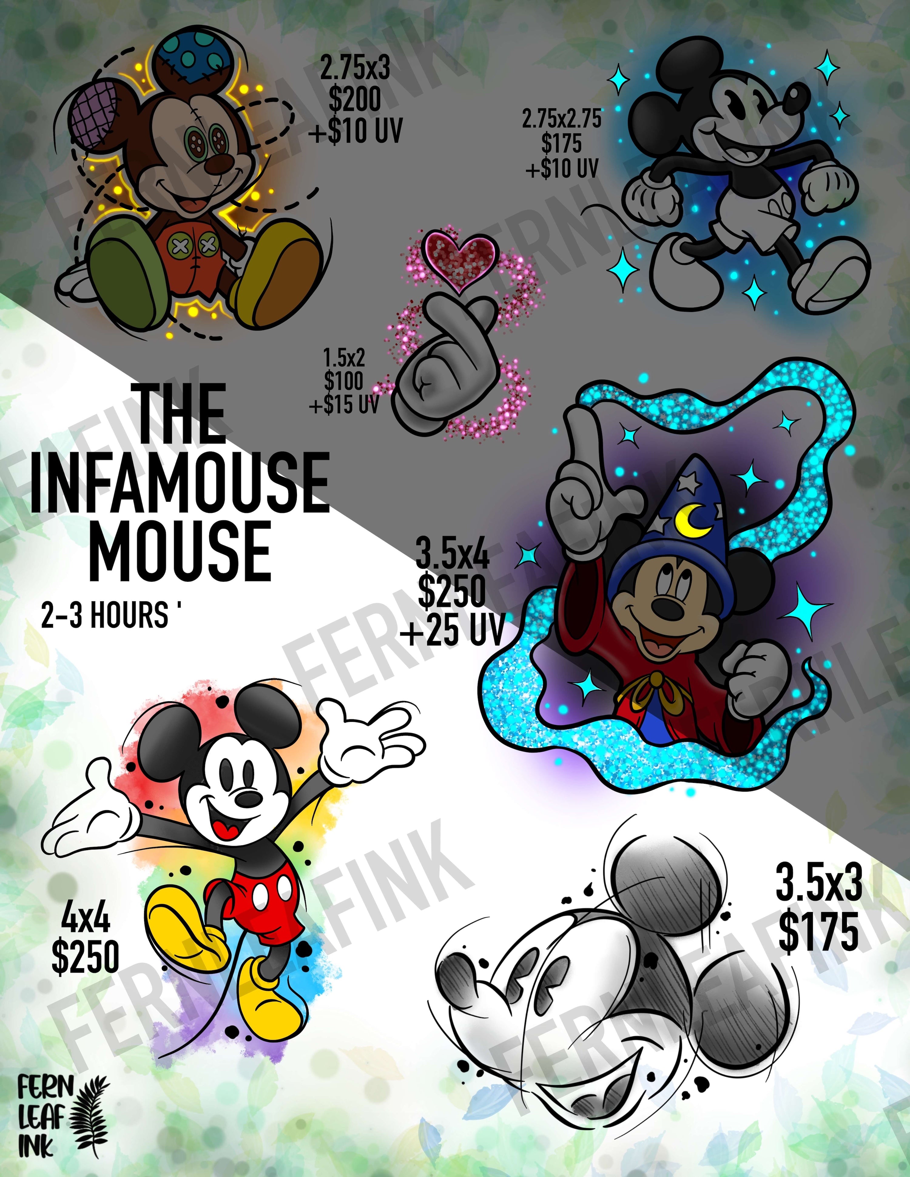 Promotional graphic for 'The Infamouse Mouse' with cartoon mouse illustrations and pricing information.