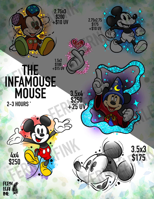 Promotional graphic for 'The Infamouse Mouse' with cartoon mouse illustrations and pricing information.