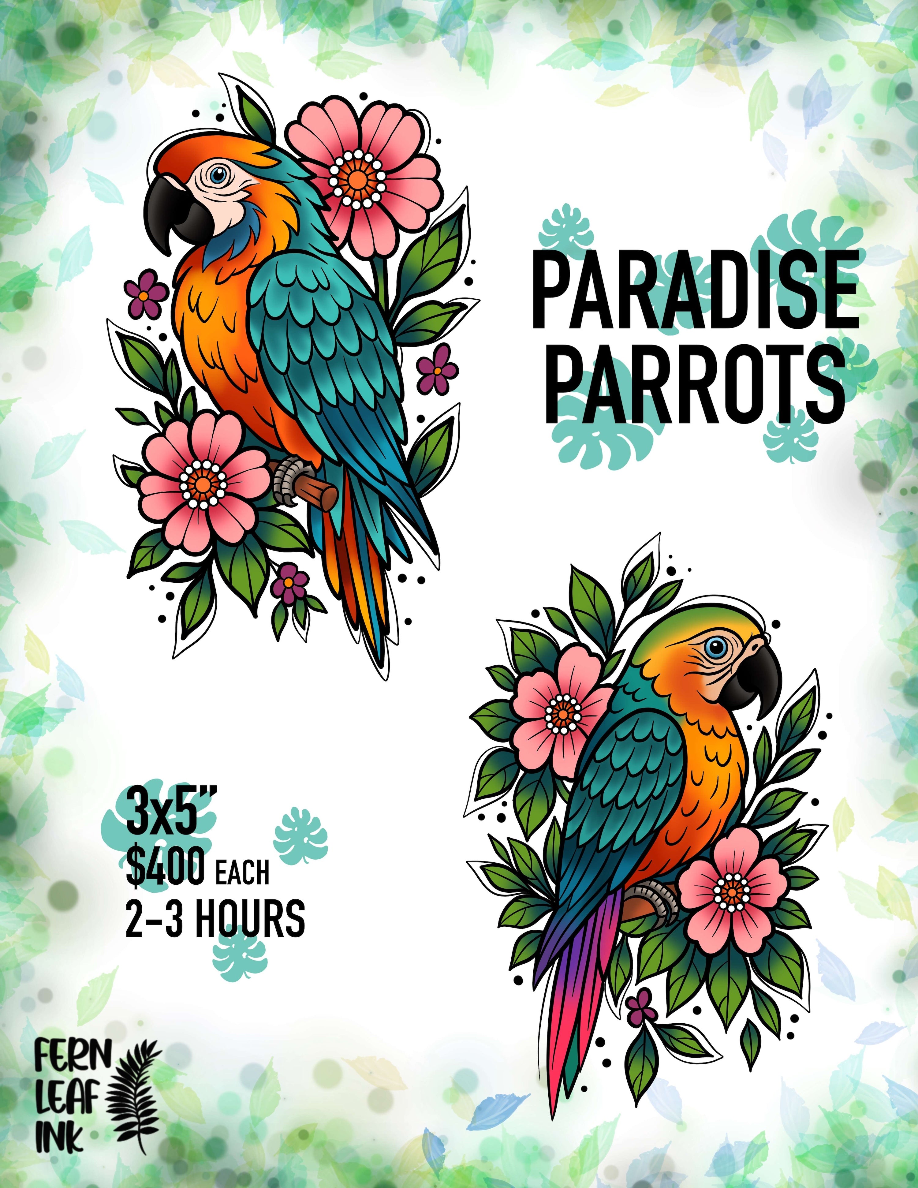 Parrot illustration with floral elements on a white background, featuring text about prices and services.