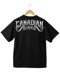 Black Ink Therapy graphic T-shirt shown hanging, featuring Canadian Ink logo artwork on back