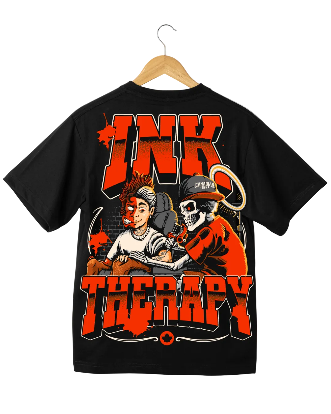 Black Ink Therapy graphic T-shirt featuring illustrated tattoo artwork in red and white