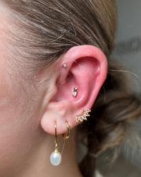 Close-up of an ear with multiple gold earrings and a pearl earring.