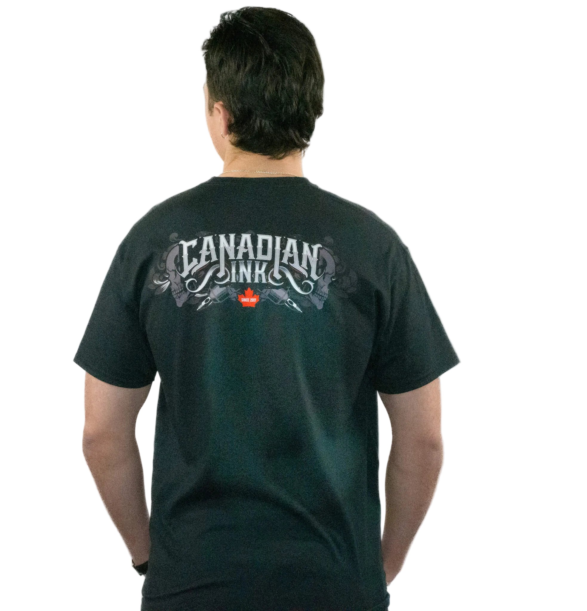 Model wearing black Ink Therapy graphic T-shirt with Canadian Ink logo and illustrated artwork on back