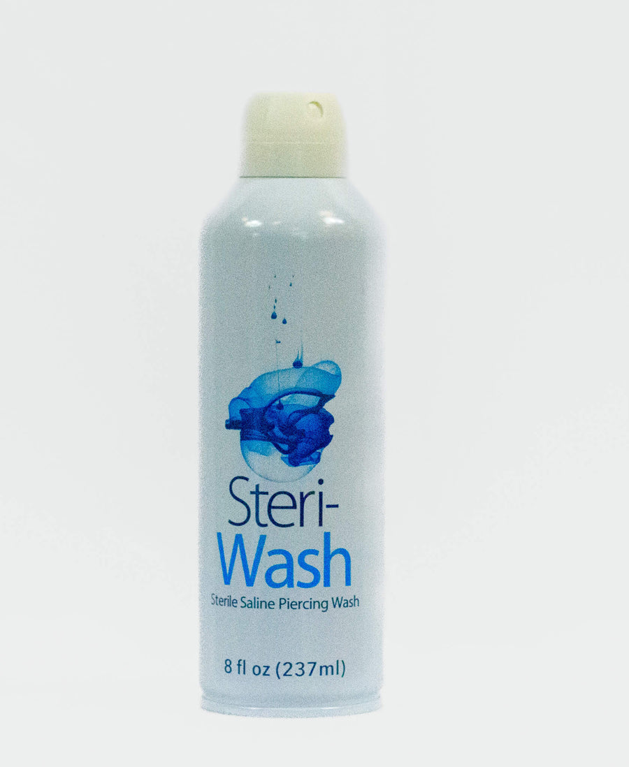Bottle of Steri-Wash saline solution on a white background