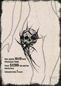 A large-scale dark illustrative tattoo design of a cracked human skull trapped within a nest of sharp, jagged thorns and spiderweb-like organic structures, shown as a mockup for a thigh placement.