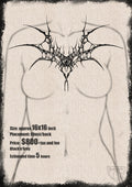A large-scale, symmetrical dark-art tattoo design featuring a realistic central eye surrounded by sharp, web-like organic filaments and pointed spines, shown as a chest piece mockup extending across the collarbones.