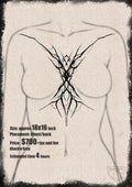 A large-scale, symmetrical black-work tattoo design featuring sharp, abstract "cyber-sigilism" linework and web-like details, shown as a chest piece mockup extending toward the collarbones and sternum.