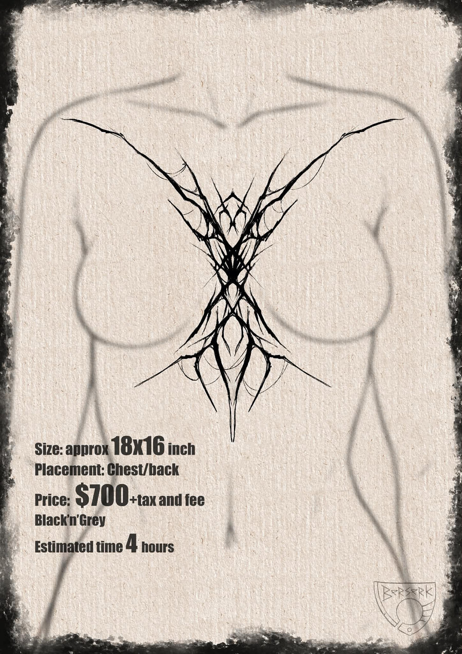 A large-scale, symmetrical black-work tattoo design featuring sharp, abstract "cyber-sigilism" linework and web-like details, shown as a chest piece mockup extending toward the collarbones and sternum.