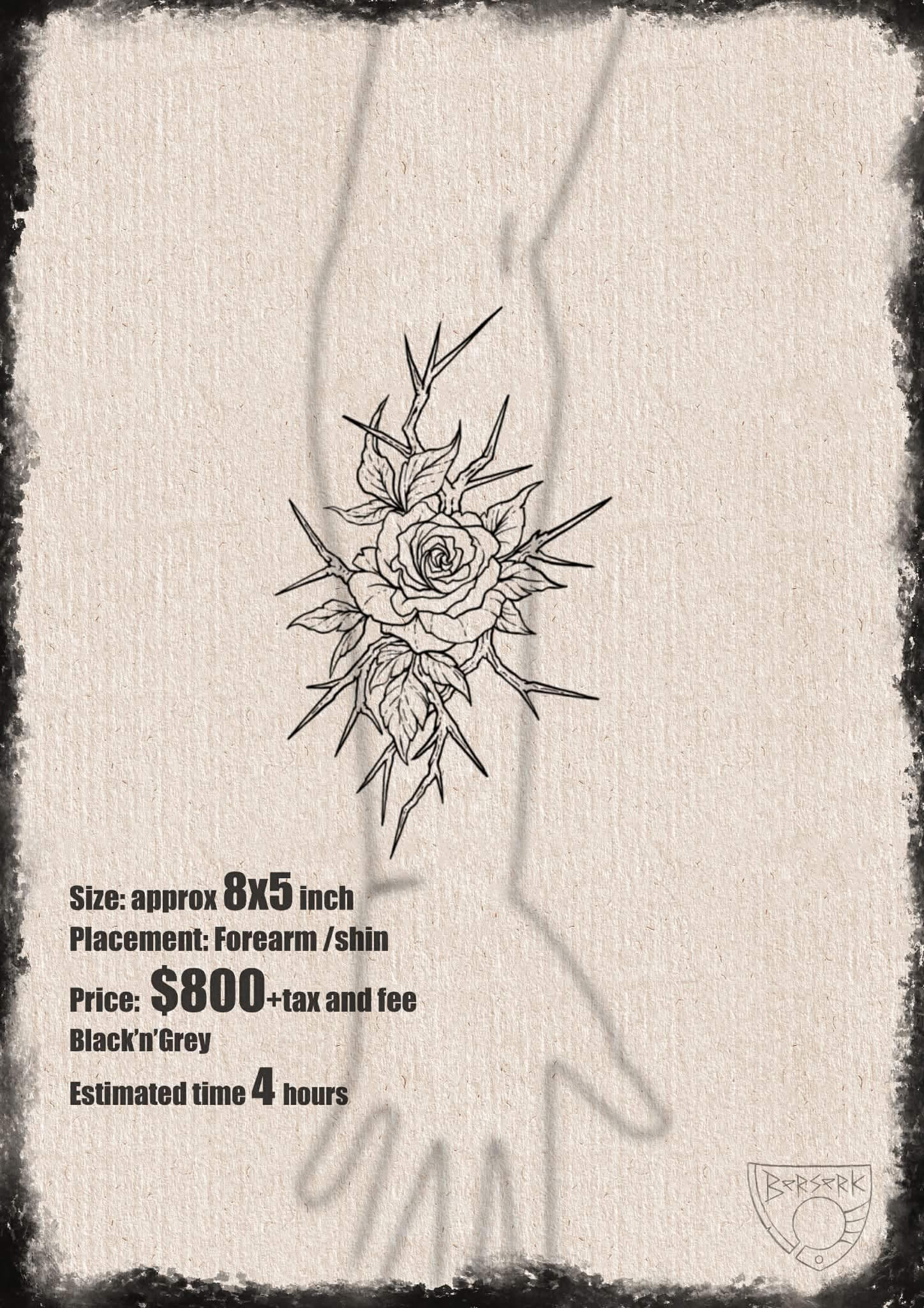 Outline of a rose tattoo design on a textured beige background with text detailing size, placement, price, and estimated time.