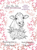 Illustration of a cow with floral elements on a decorative background, featuring text about Bare Skin Inks services.