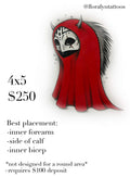 Masked horned figure in red cloak with dark eye sockets and fine stippled shading.