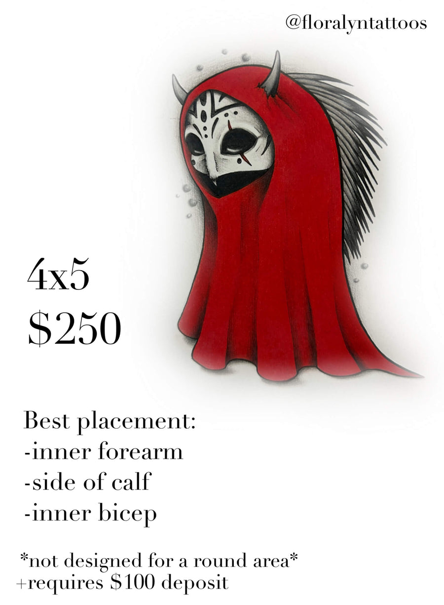 Masked horned figure in red cloak with dark eye sockets and fine stippled shading.