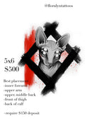 Hairless sphynx cat with four eyes, rendered in grey realism inside a rough black diamond frame with red splatter.
