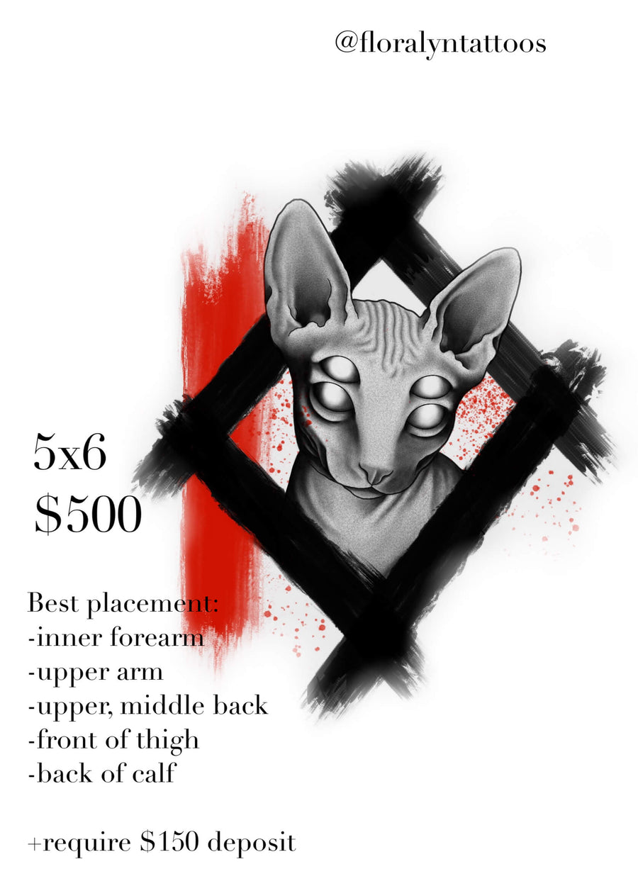 Hairless sphynx cat with four eyes, rendered in grey realism inside a rough black diamond frame with red splatter.