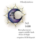 Crescent moon face illustration in blue and violet tones with sunburst rays and hand-drawn texture.
