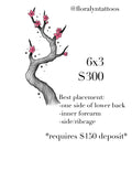 Minimal cherry blossom branch with grey bark texture, black ink outlines, and soft pink flowers.