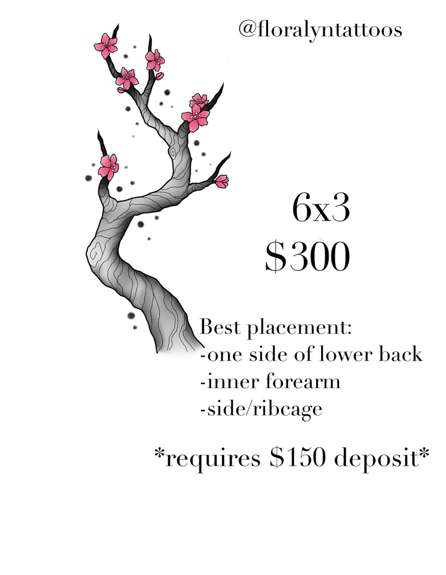 Minimal cherry blossom branch with grey bark texture, black ink outlines, and soft pink flowers.