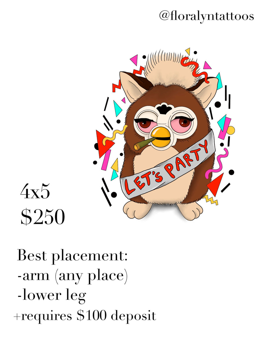 Retro Furby illustration with red eyes, cigarette in mouth, and colorful 90s graphic shapes.