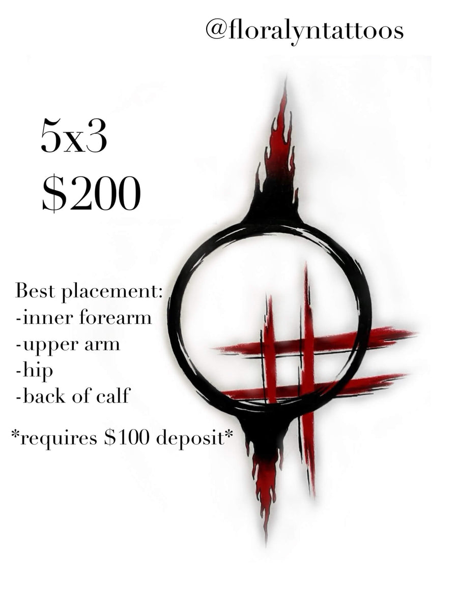 Abstract black circle symbol with dripping edges, crossed by rough red paint slashes.