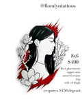 Black ink portrait of woman in profile with magnolia flowers, framed by bold red brushstroke accents.