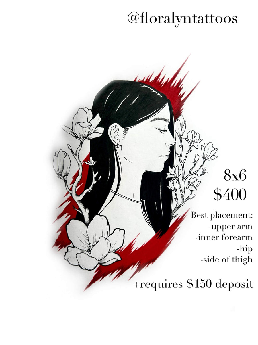 Black ink portrait of woman in profile with magnolia flowers, framed by bold red brushstroke accents.