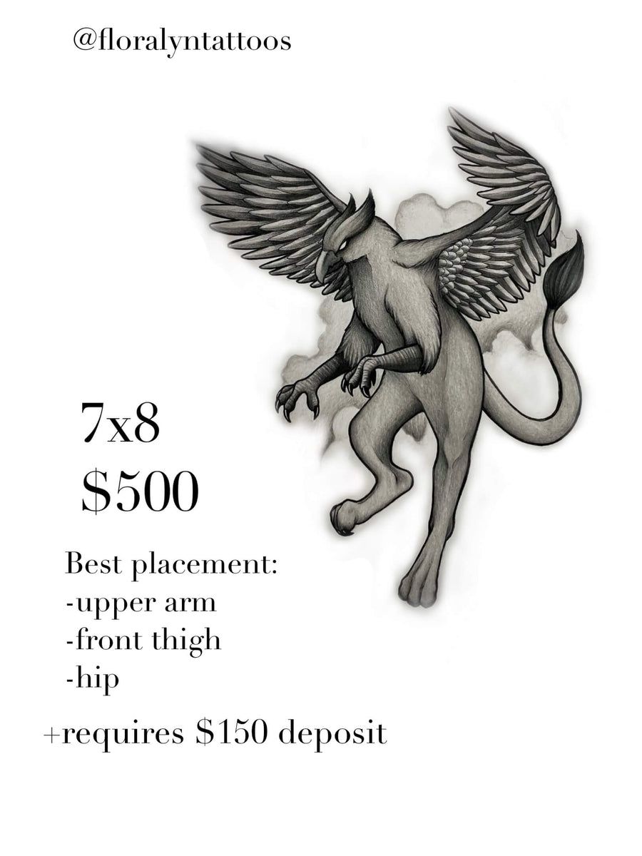 Winged griffin creature in greywash, mid-leap with spread feathers, sharp talons, and smoky shading.