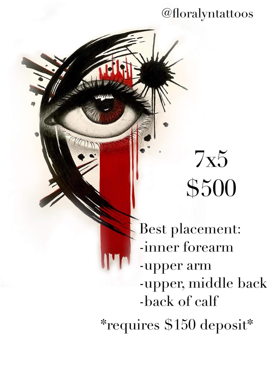 Abstract eye tattoo design with heavy black brushstroke circle and red vertical stripe