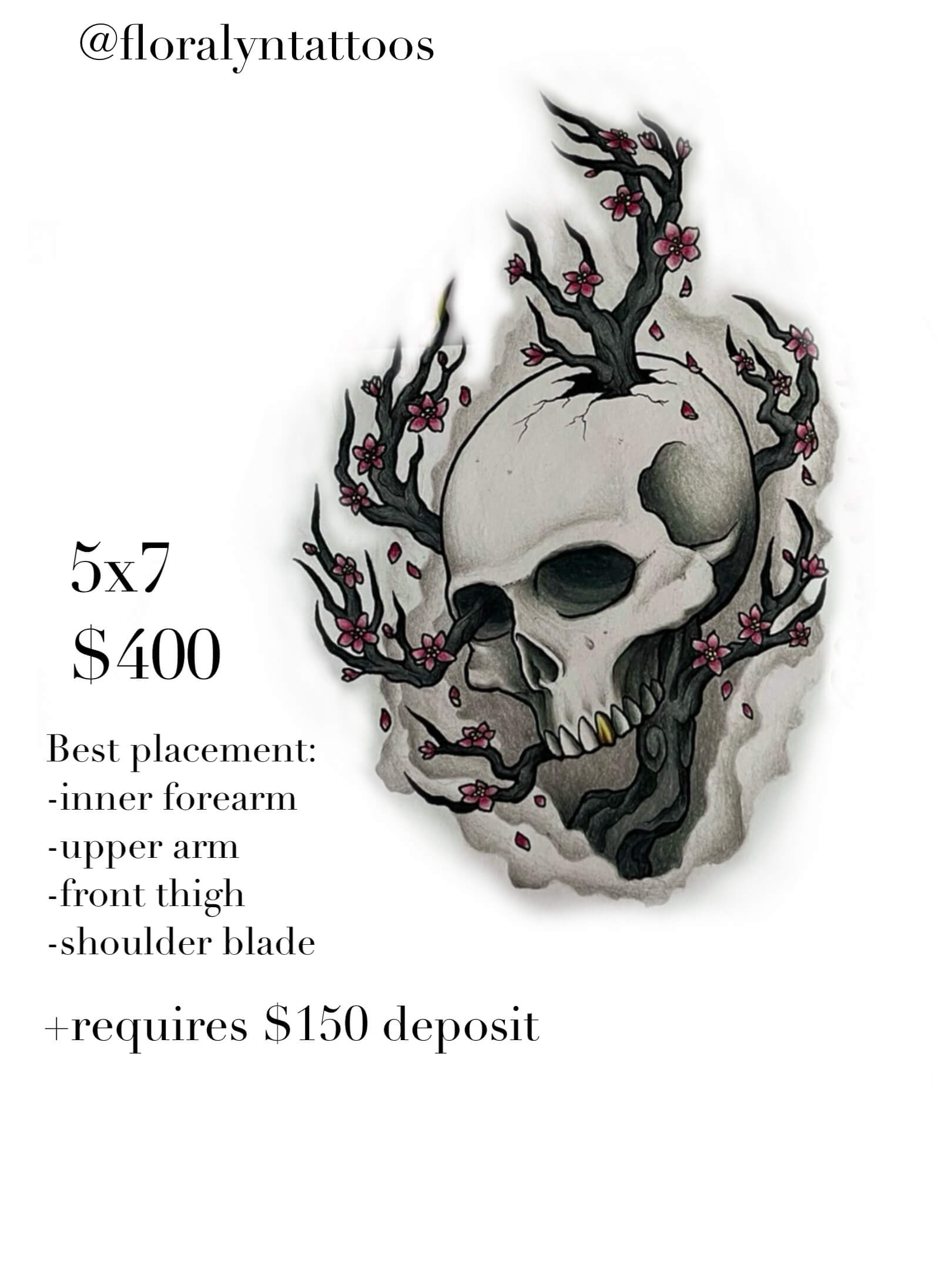Skull tattoo design entwined with twisted branches and small pink blossoms