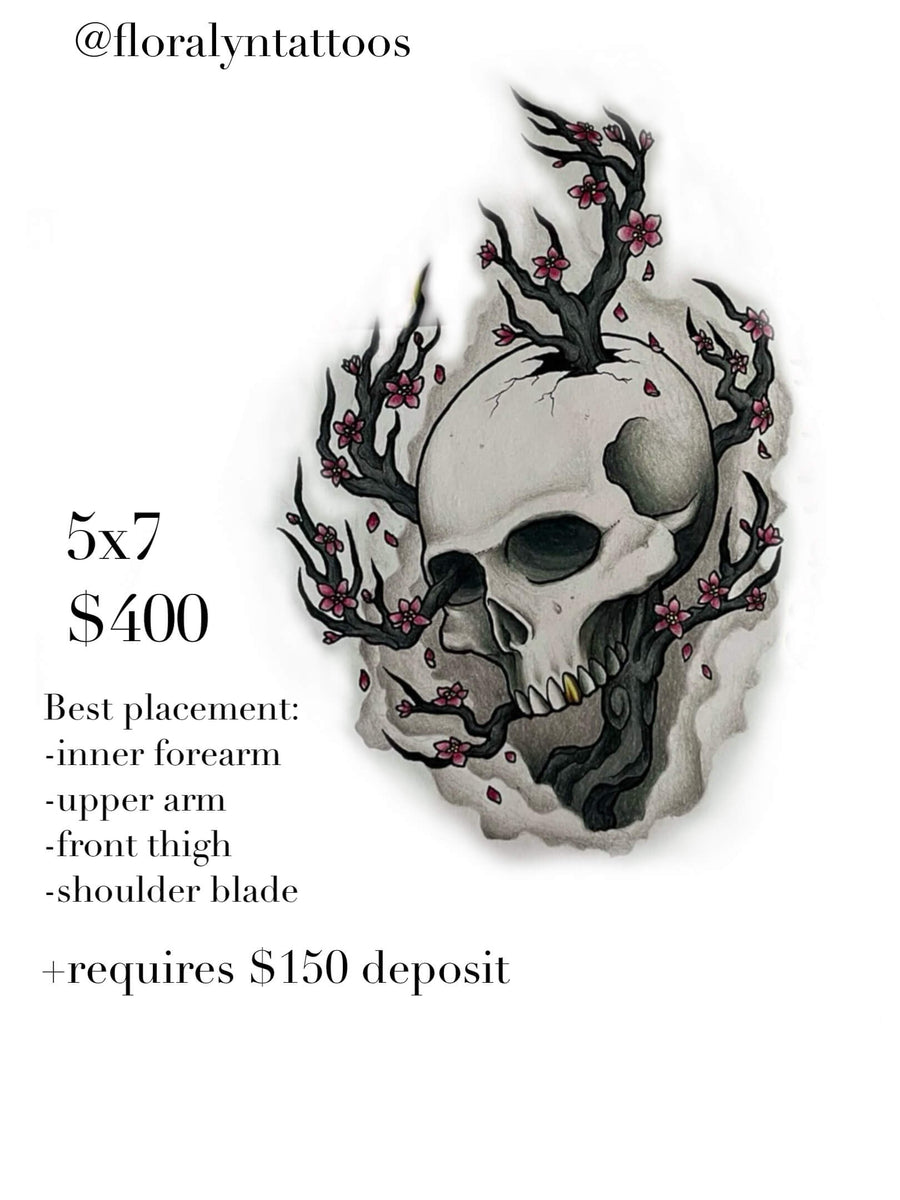 Skull tattoo design entwined with twisted branches and small pink blossoms