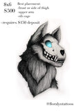 Illustrated tattoo flash design featuring wolf with skull face and glowing blue eye