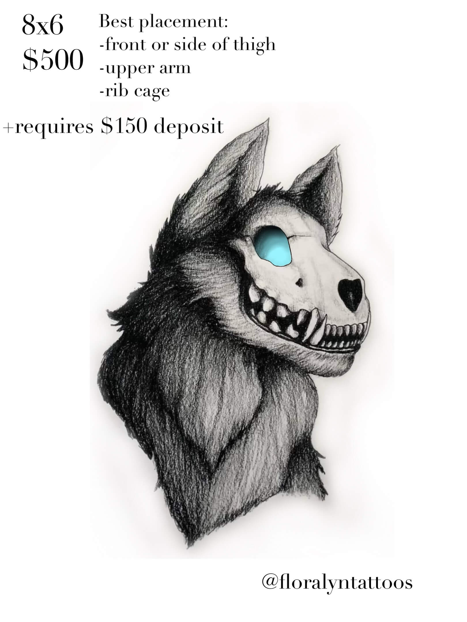 Illustrated tattoo flash design featuring wolf with skull face and glowing blue eye