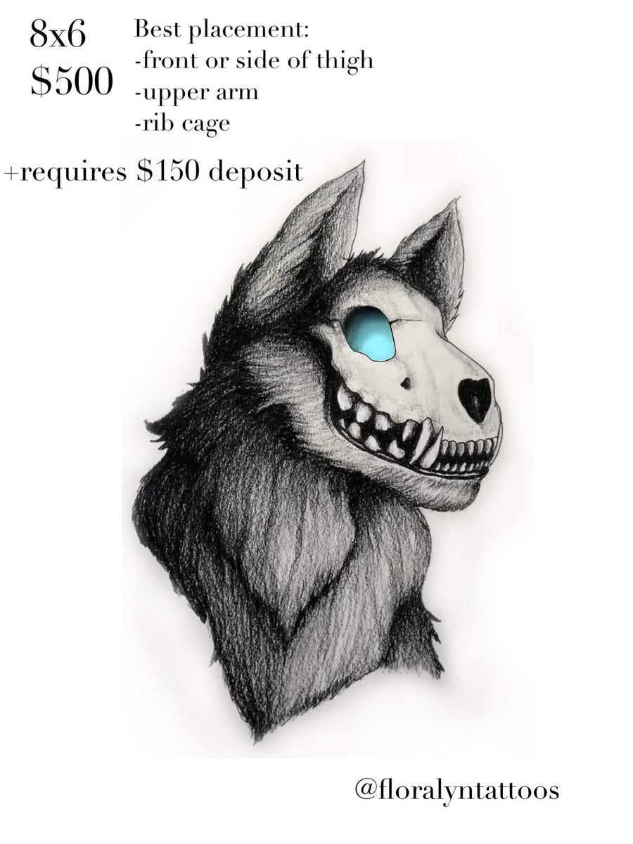Illustrated tattoo flash design featuring wolf with skull face and glowing blue eye