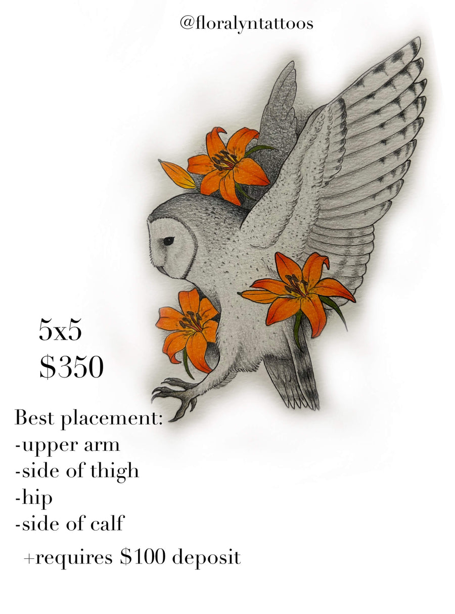 Owl tattoo design in mid-flight with spread wings and orange lily flowers