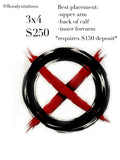 Bold graphic tattoo symbol featuring a black brushstroke circle crossed with a red painted X, minimalist and high-contrast design.