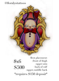 Color tattoo flash of a rabbit in a jester suit framed by ornate baroque scrollwork, soft shading and storybook illustration style.