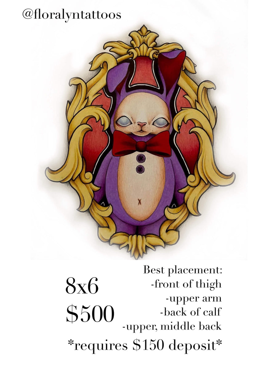 Color tattoo flash of a rabbit in a jester suit framed by ornate baroque scrollwork, soft shading and storybook illustration style.